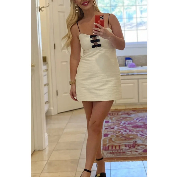 LoveShackFancy Adelaide Tweed Bow Mini Dress Ivory Black Sleeveless Sz 10 - Picture 8 of 16